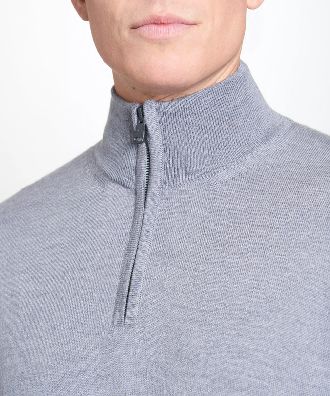 Pale Grey Merino Wool Zip Neck Sweater