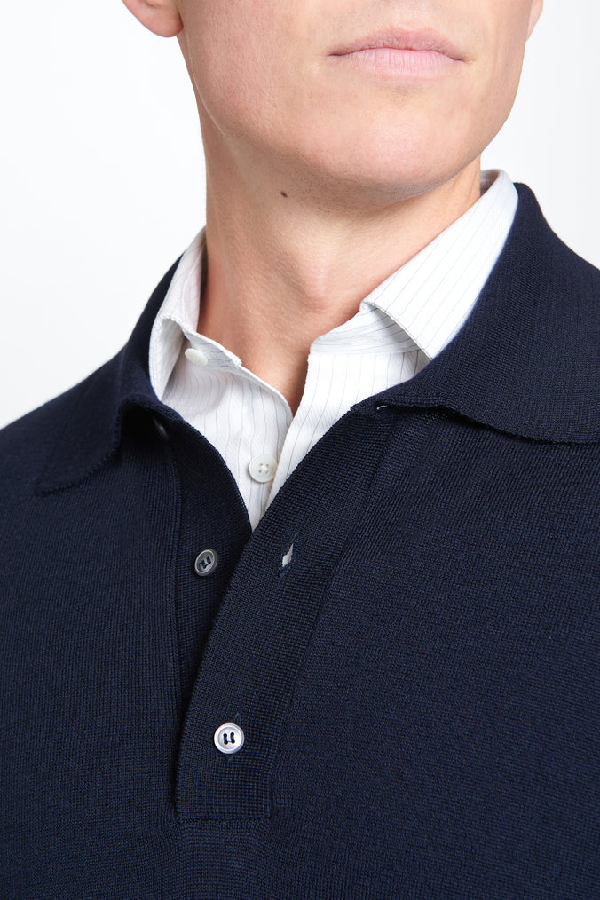 Navy Merino Wool Long Sleeve Polo Shirt