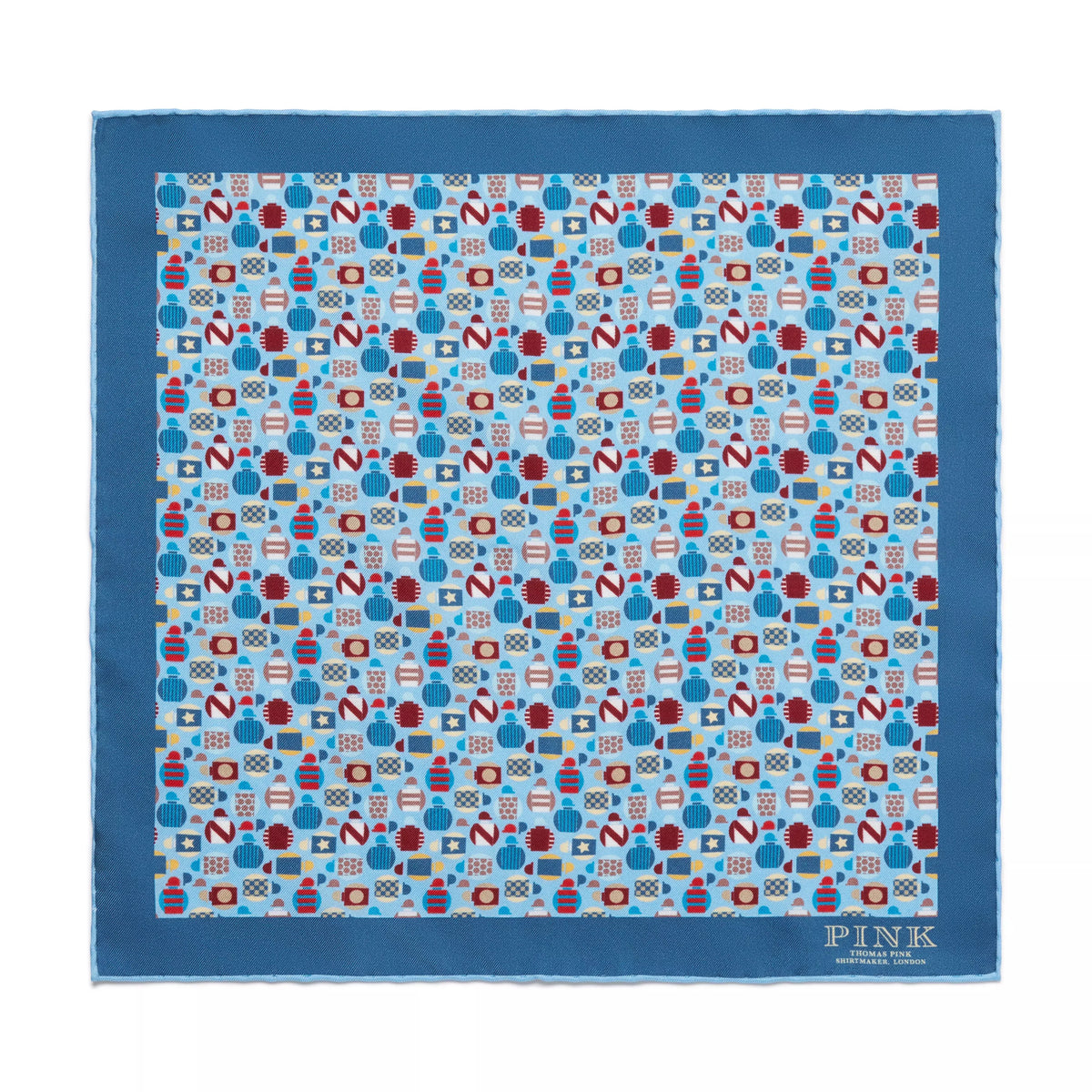 Blue & Multicolour Small Jockey All Over Printed Silk Pocket Square