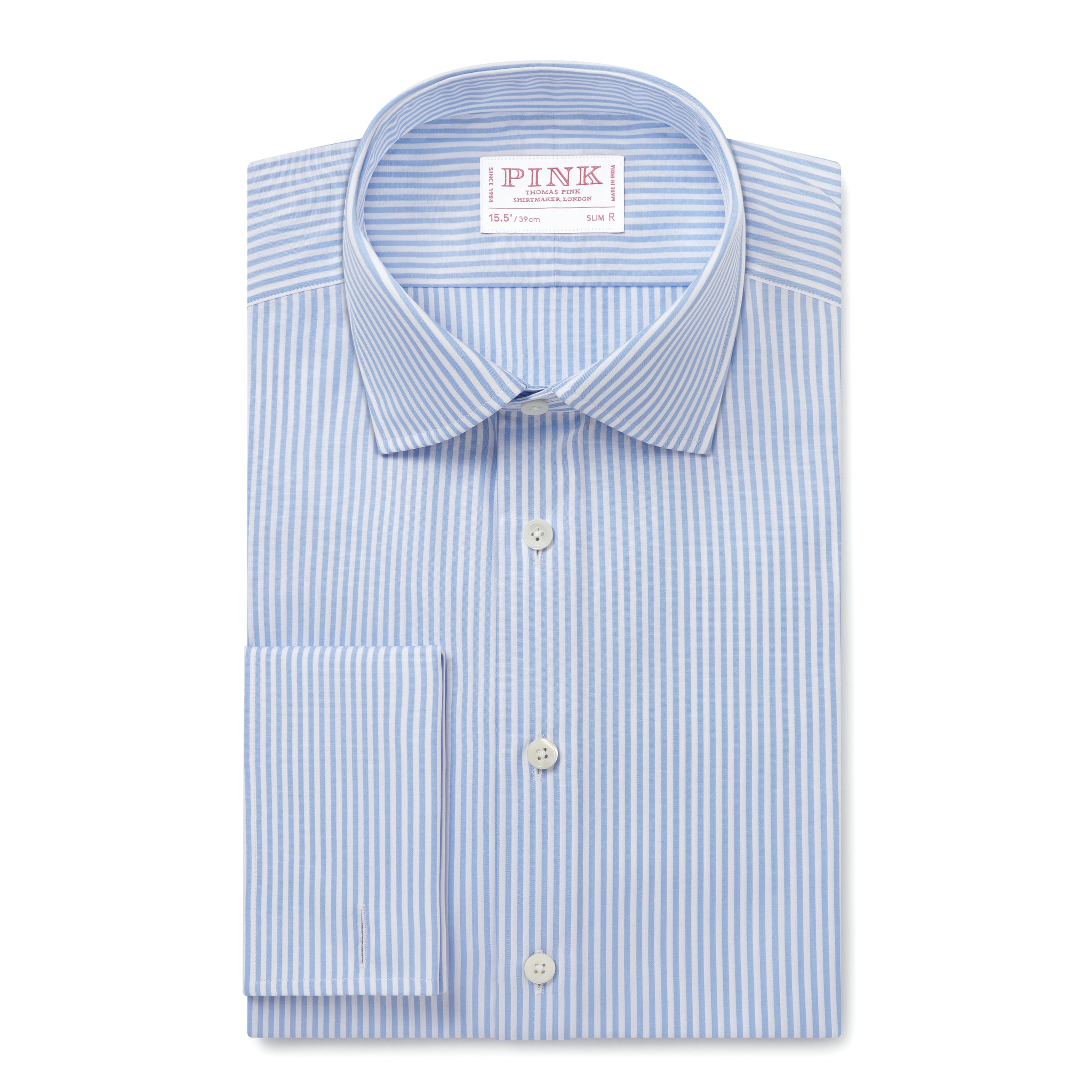 Pale Blue & White Slim Fit Double Cuff Essential Bengal Stripe Formal Shirt