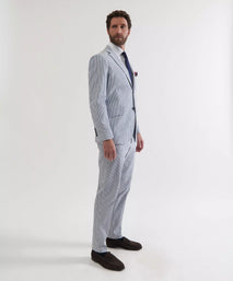 White & Navy Tailored Fit Stripe Seersucker Jacket